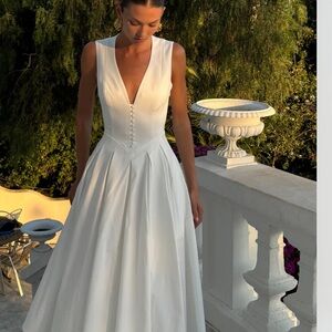 Meshki White V-Neck Midi Keely Dress